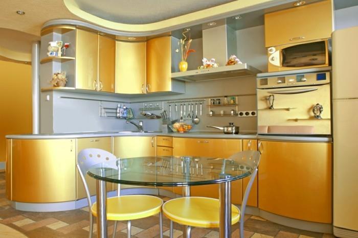 eläviä ideoita keittiö keltainen kiiltävä lasipöytä