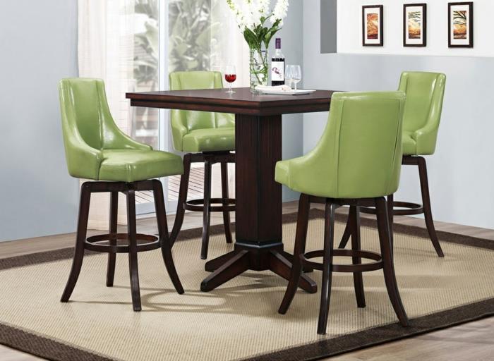 elävät ideat keittiö vihreät tuolit ruokapöytä matto design ruokailutila