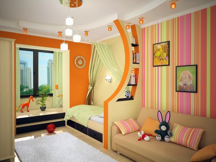 eläviä ideoita lastenhuonealueet oranssi seinät valkoinen matto riippuvalaisimet