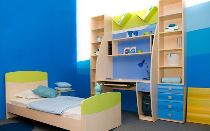 eläviä ideoita lastenhuone sininen seinä väri säilytystilaa