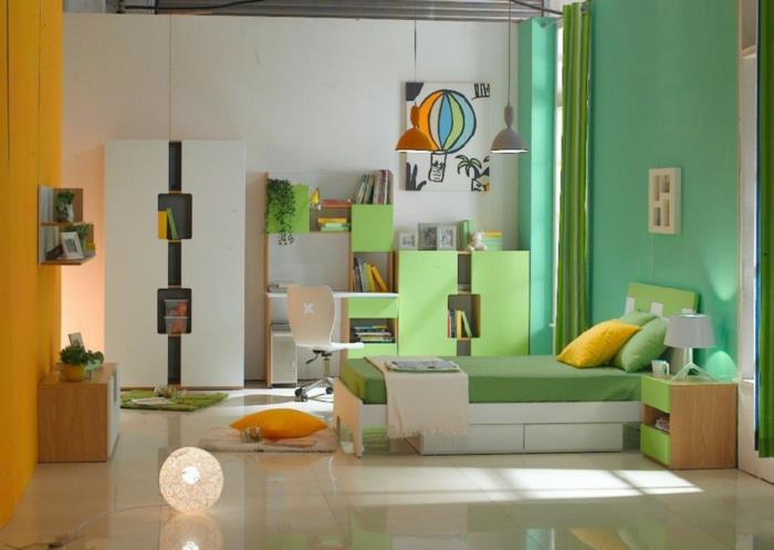 eläviä ideoita lastenhuoneen lattialaatat vihreä aksentti valaistus