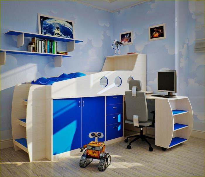 eläviä ideoita lastenhuone poikien huone sininen aksentti avoimet seinähyllyt