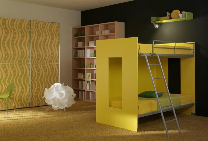eläviä ideoita lastenhuone korkea sänky keltainen muotoilu matto lattia viileä lamppu