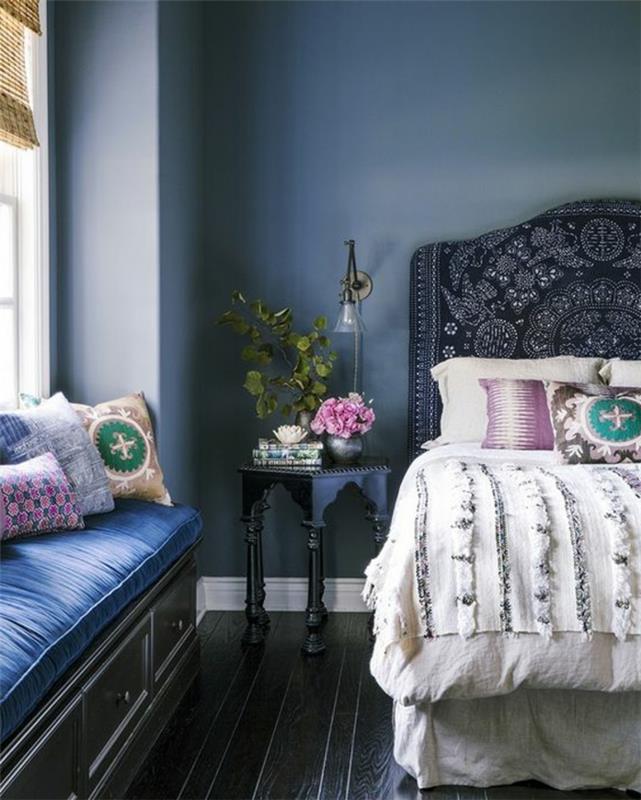 olohuone ideoita makuuhuone sininen seinät puulattia kasvit roomalainen sokea