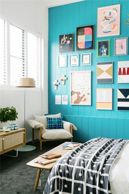 elävät ideat makuuhuone siniset seinät seinäkoriste kasvit kangasnäytteet