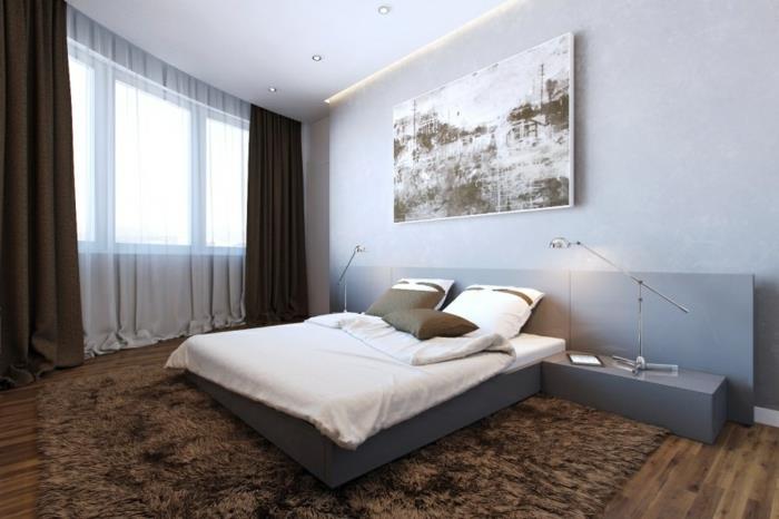 elävät ideat makuuhuone ruskea matto seinäkoriste toiminnalliset huonekalut minimalistinen sisustus