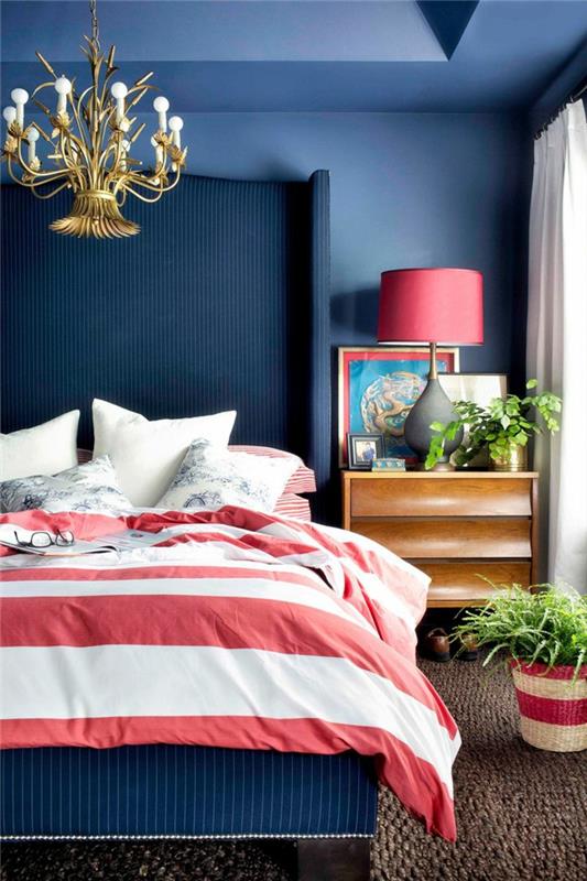 eläviä ideoita makuuhuone tummansininen raita kuvio vuodevaatteet