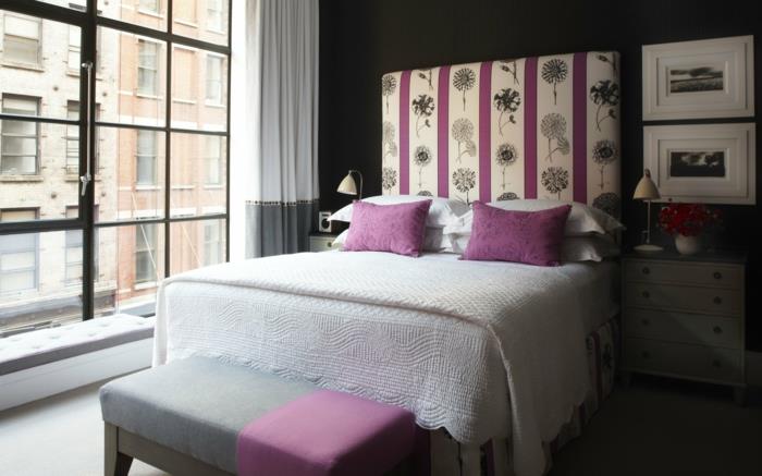 eläviä ideoita makuuhuone tummanharmaat seinät pinkki aksentti kuva ikkunat