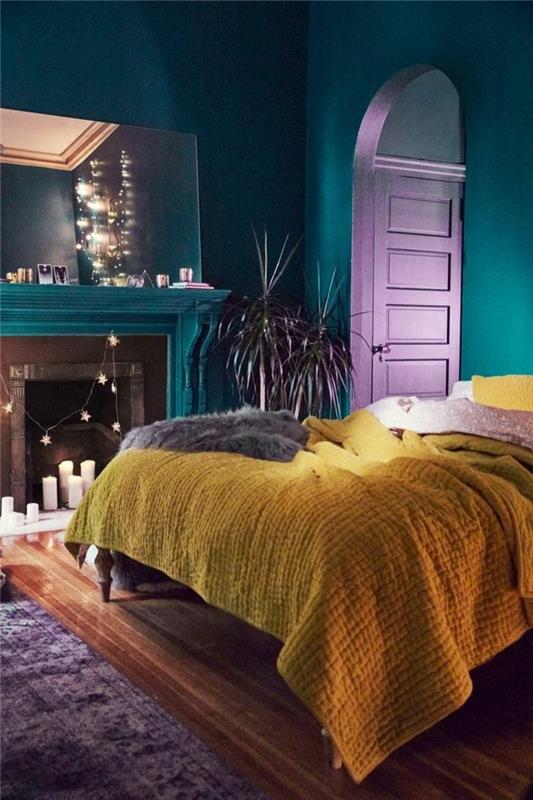 eläviä ideoita makuuhuone eklektinen sisustus keltainen vuodevaatteet violetti matto väriset seinät