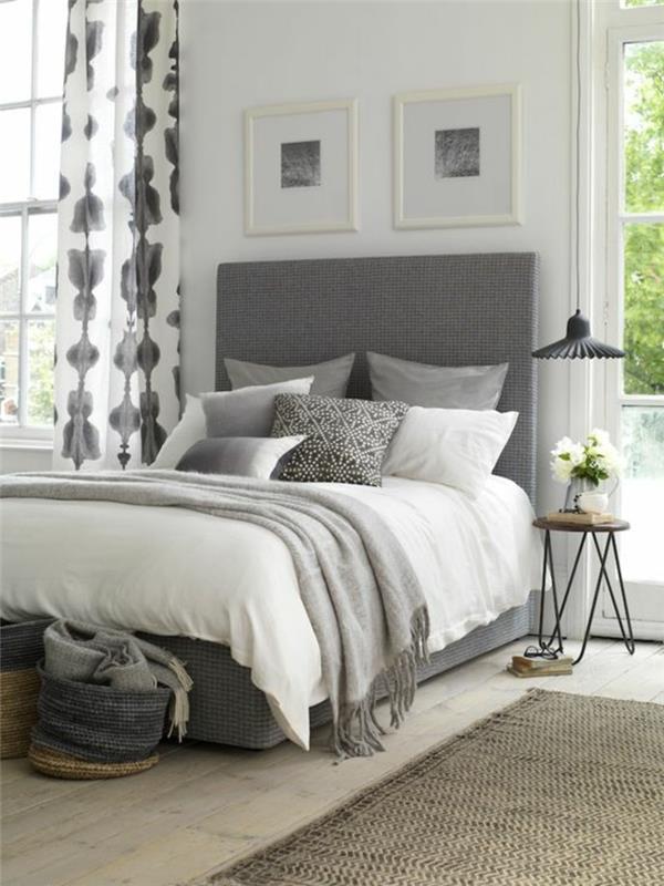 eläviä ideoita makuuhuoneen verho kuvio harmaa sänky matto juoksija sivupöytä