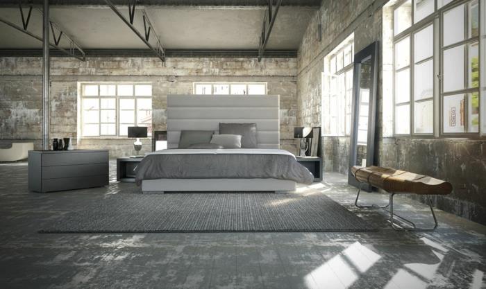 eläviä ideoita makuuhuone harmaa matto teollinen ilme