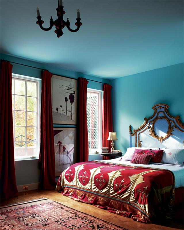 eläviä ideoita makuuhuone vaaleansiniset seinät punainen aksentti matto