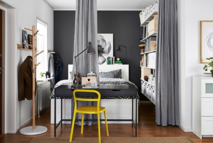 eläviä ideoita makuuhuoneen sisustus pieni makuuhuone harmaa keltainen tuoli