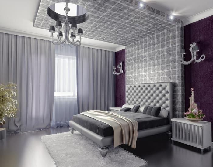 eläviä ideoita makuuhuone ylellinen violetti aksentti seinä vaaleanharmaat verhot