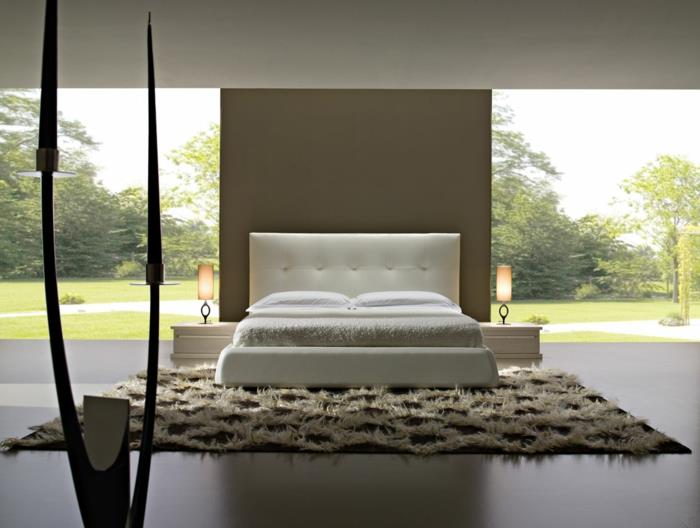 eläviä ideoita makuuhuone minimalistinen sänky hieno matto pöytävalot