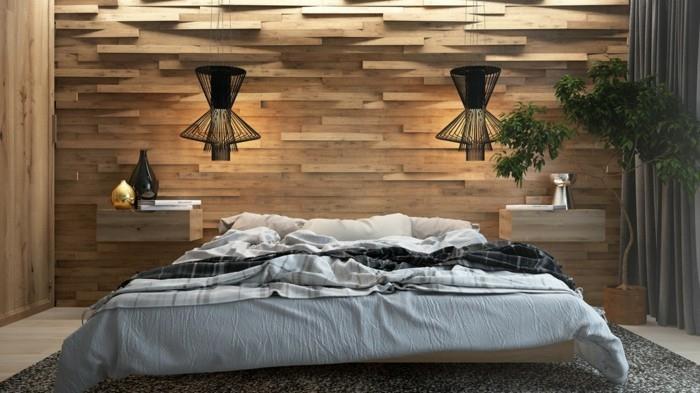 eläviä ideoita makuuhuone moderni makuutila puupaneeleilla ja mustilla riippuvalaisimilla