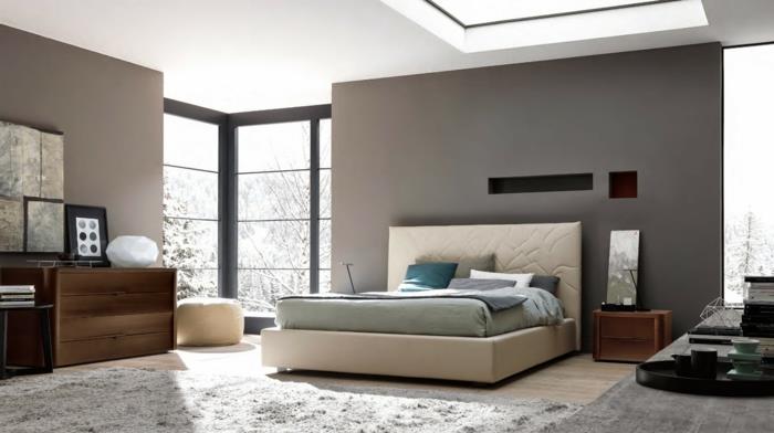 eläviä ideoita makuuhuone moderni muotoilu harmaat seinät matto pukeutuja