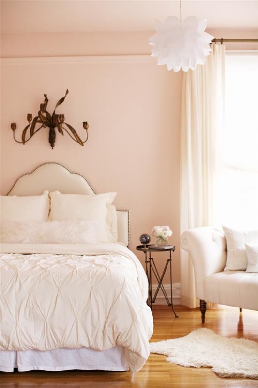 eläviä ideoita makuuhuone vaaleanpunainen vivahteita valkoinen turkimatto