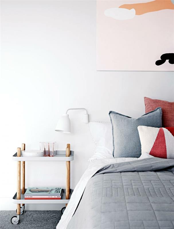 eläviä ideoita makuuhuoneen huonekalut vaaleanharmaa toiminnallinen yöpöytä