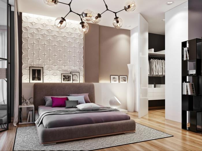 eläviä ideoita makuuhuone kaunis seinän suunnittelu kattokruunu raita matto