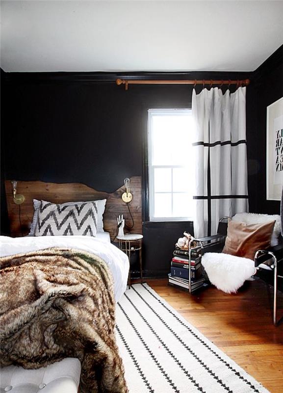 olohuone ideoita makuuhuone musta seinät matto raidat valkoinen maalaismainen turkki huopa verhot