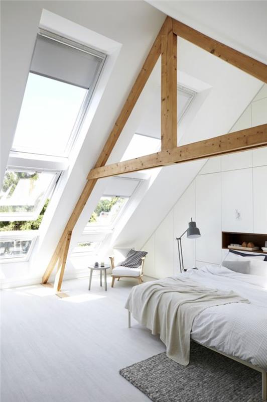 eläviä ideoita makuuhuone skandinaavinen tyyli puupalkit säilytystilaa