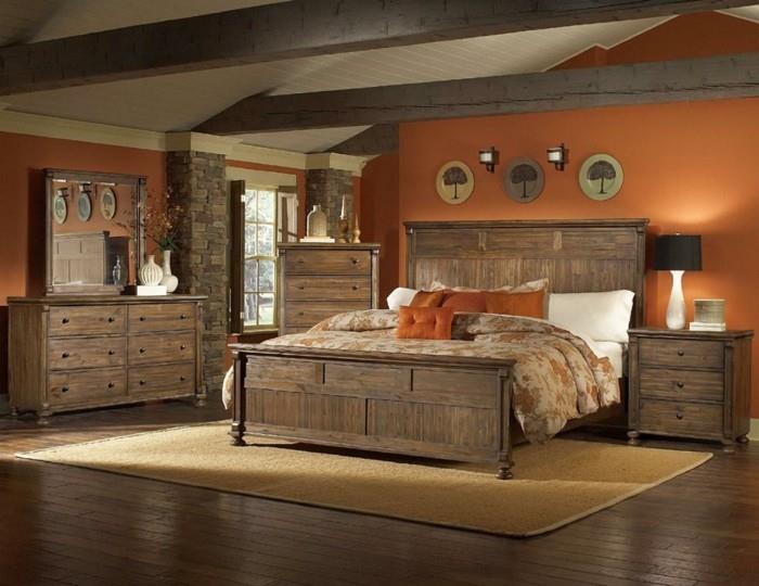 eläviä ideoita makuuhuoneen matto oranssi seinät puukalusteet