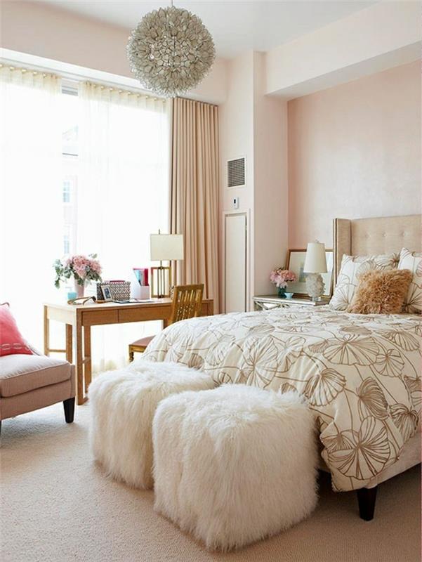 eläviä ideoita makuuhuoneen mattojakkara vaaleanpunaiset verhot
