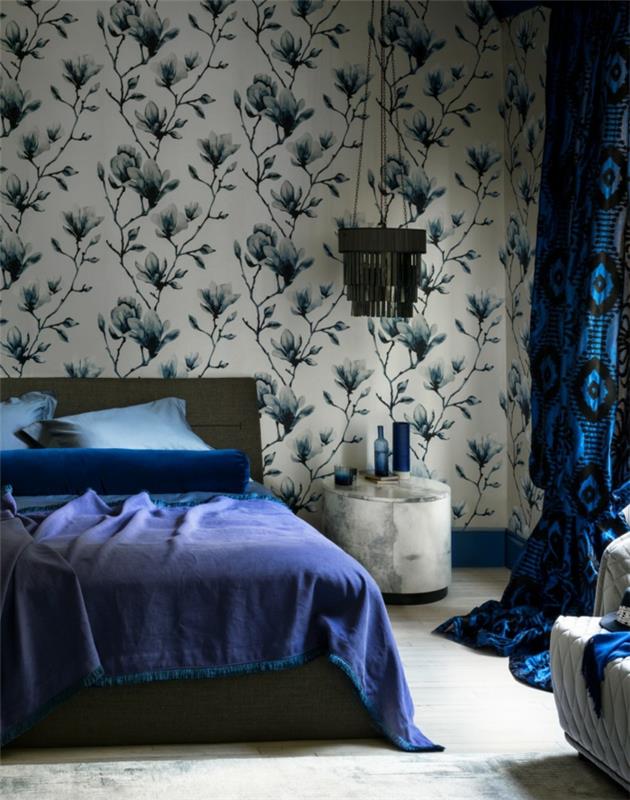 elävät ideat makuuhuoneen seinän taustakuva sininen vuodevaatteet verhot