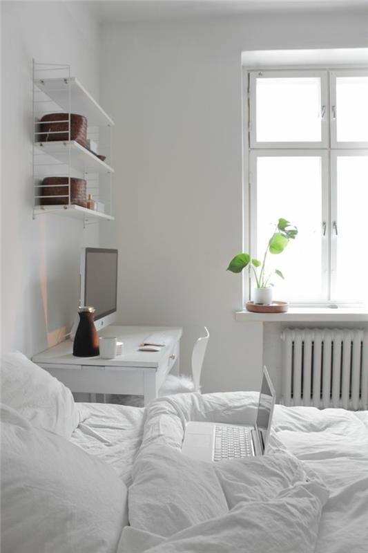 eläviä ideoita makuuhuoneen valkoisen seinän suunnittelu kasvien seinähyllyt