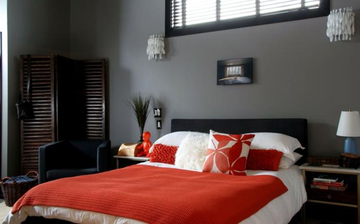 seinävalot sisätilojen ideat makuuhuoneen seinät harmaat oranssit aksentit seinävalaisimet