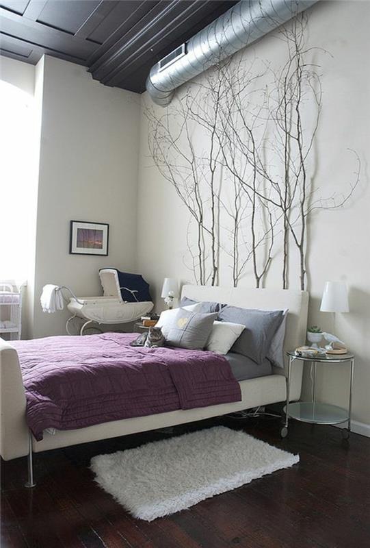 eläviä ideoita makuuhuoneen oksat violetti vuodevaatteet puulattia