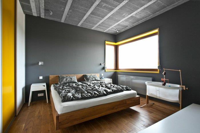 eläviä ideoita makuuhuoneen suunnittelu harmaa seinän väri keltainen aksentti