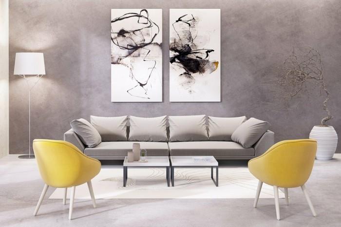eläviä ideoita olohuoneen abstrakti taide ja keltaiset nojatuolit