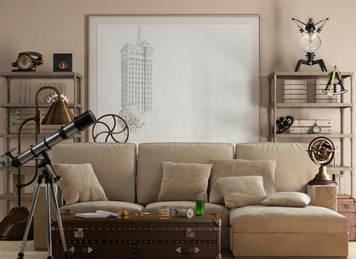 olohuoneen seinät beige tyylikäs olohuoneen sohva vintage sohvapöytä