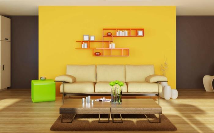 olohuone olohuone beige sohva ruskea matto keltainen seinä