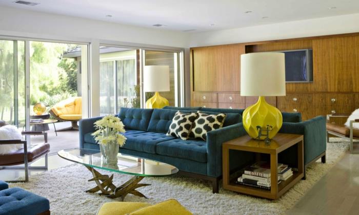 olohuone ideoita olohuone sininen huonekalut keltainen aksentti viileä sohvapöytä