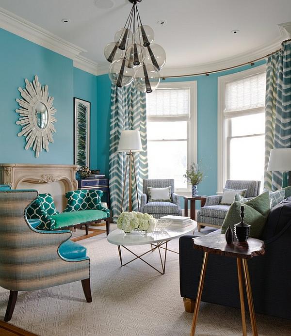 eläviä ideoita olohuoneen suunnittelu sininen vihreä sohva nojatuoli