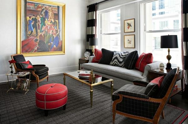 olohuone design sohva nojatuoli punainen jakkara pöytälamput