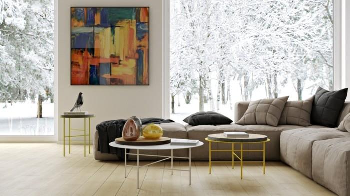 olohuone -ideoita olohuoneen värillinen seinäkoriste, jossa on seinämaalaus, jossa on abstrakti aihe