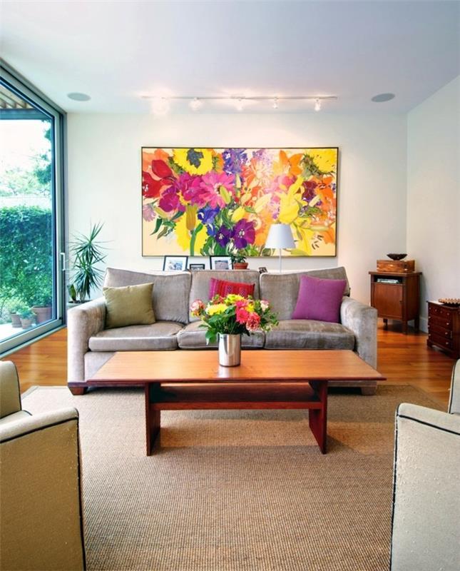 olohuone olohuone värillinen seinämaalaus kukilla