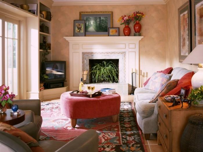 olohuone ideoita olohuone feng shui kasvit matto kuvio takka