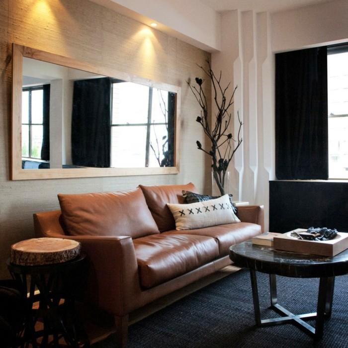 elävät ideat olohuone feng shui säännöt seinän peili nahkasohva viileä sivupöytä