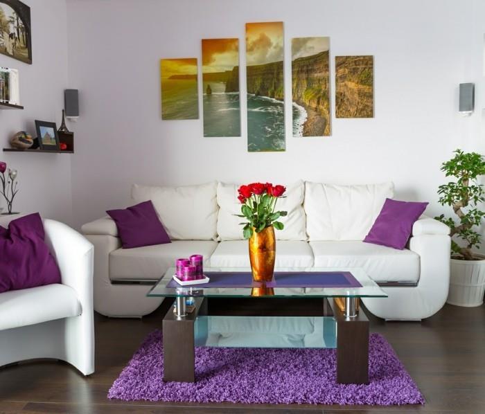 eläviä ideoita olohuoneen raikas seinäkoriste ja violetit aksentit