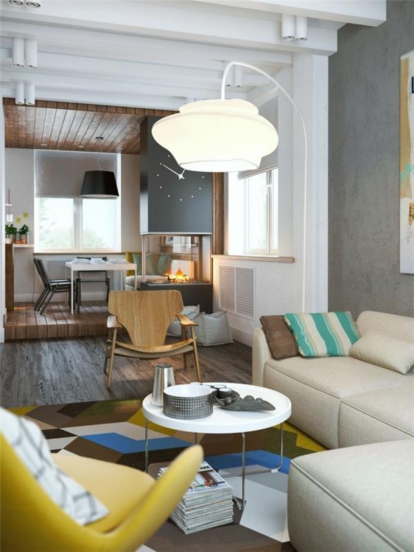 modernit sisustusideat olohuone keltainen nojatuoli kulmasohva avoin suunnitelma