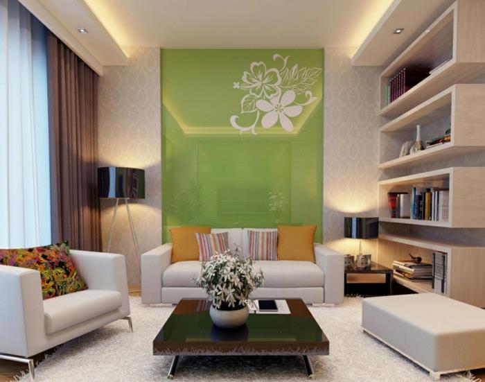 eläviä ideoita olohuone vihreä aksentti valkoinen matto tyylikäs huonekalut
