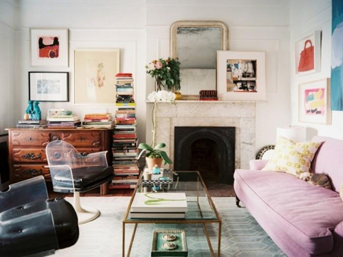olohuone ideoita olohuone vaaleanpunainen sohva takka eklektinen tyyli