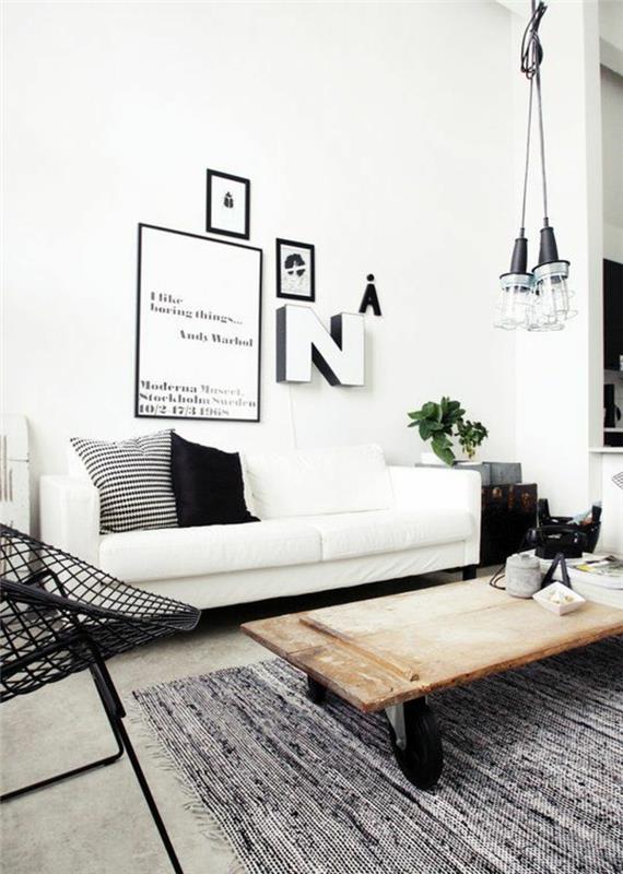 elävät ideat olohuone teollinen tyyli valkoinen sohva riippuvalaisimet
