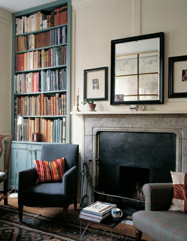 oloideat olohuone maalaistyylinen takka englantilainen kirjahylly puu kotikirjasto