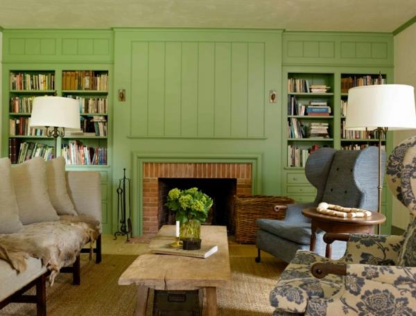 olohuoneet olohuone maalaistyylinen takka puukalusteet englantilaistyylinen seinäväri vihreä